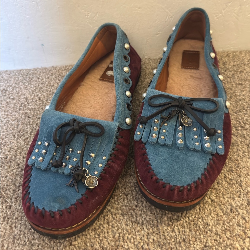 Coach Blue and Burgundy Moccasins Loafers with Studs